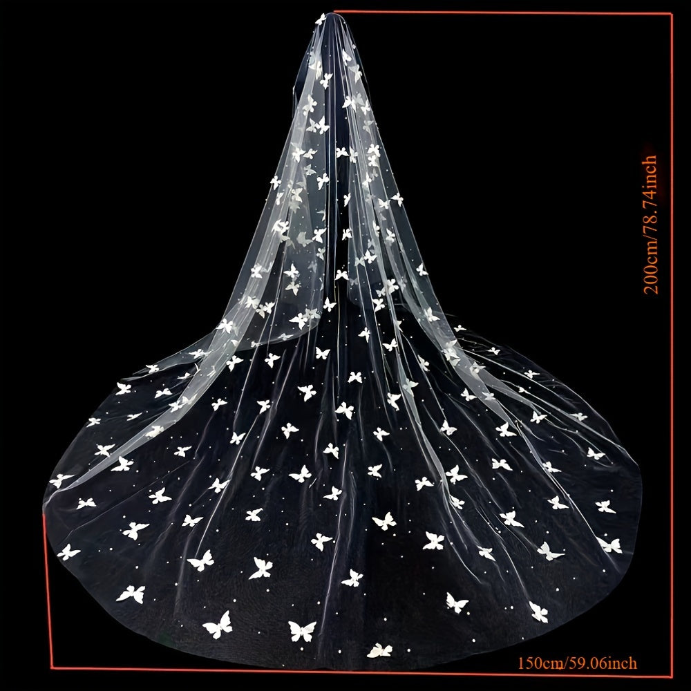 Long Bridal Wedding Veil with Butterfly Appliques Pearlescent Embellishments and Yarn Fabric