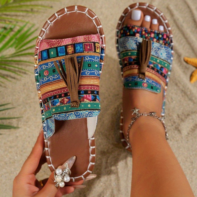 Women's Bohemian Tassel Sandals Open Toe Flats with Colorful Stripes