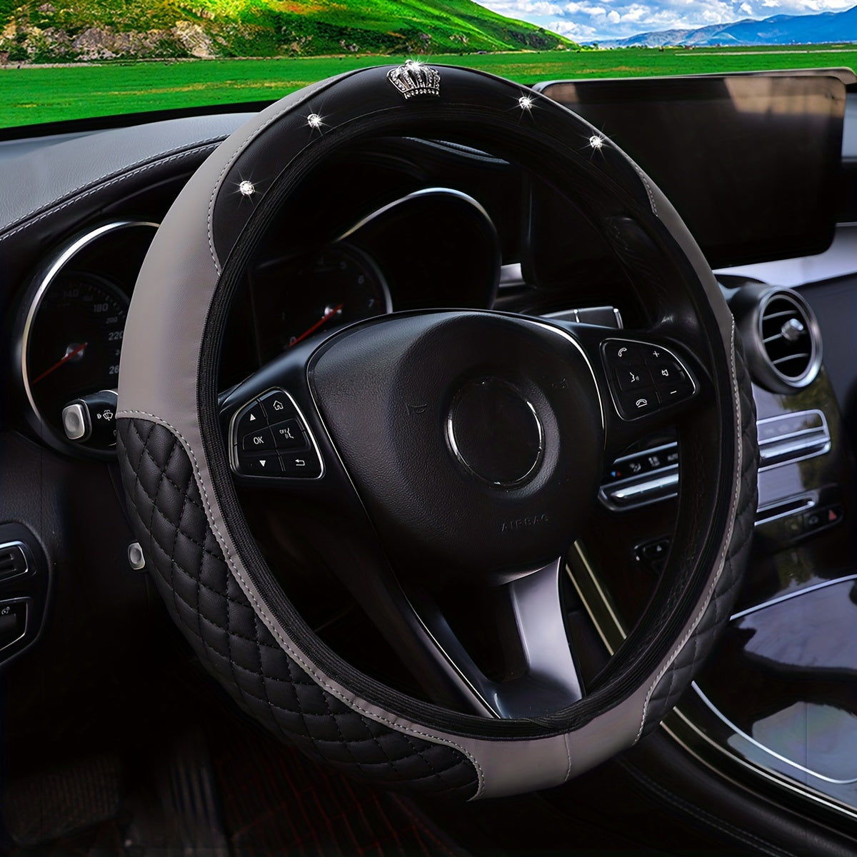 Rangli rhinestone bilan bezatilgan rul qopqog'i, yopishqoqsiz charm, 36.83-38.1 sm ga mos keladi