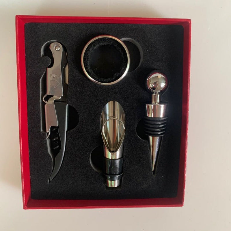 Stainless Steel Wine Opener Set with Corkscrew, Pourer, Stopper and Knife