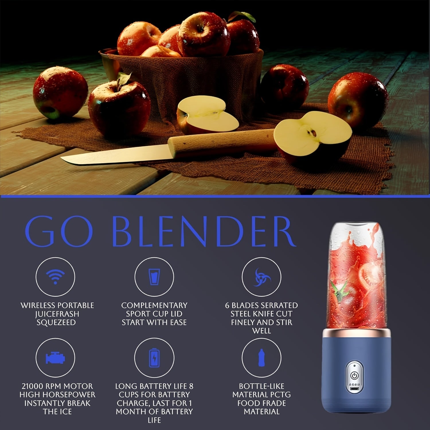 Portable Blender Set with Dual Cups USB Rechargeable Ice Crushing