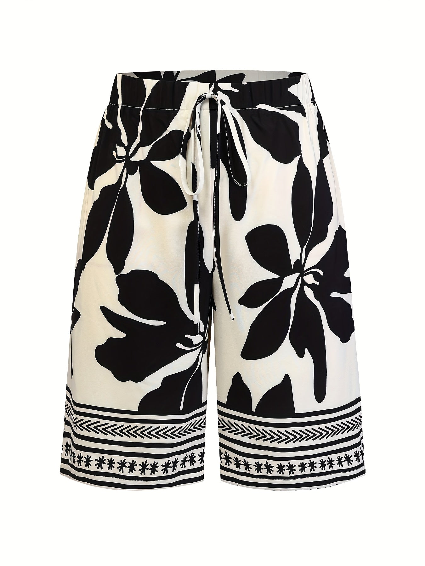 Women's Plus Size Floral Bermuda Shorts Casual Summer Beachwear Black White Leaf