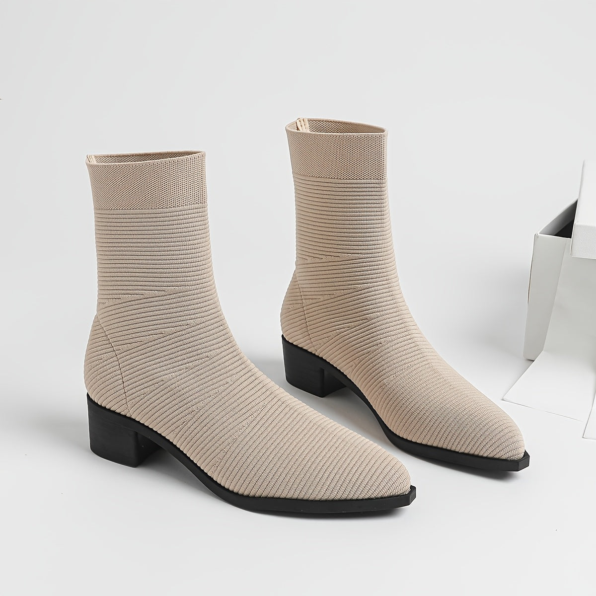 Women's Breathable Knit Ankle Boots Slip-On Chunky Heel Gray Short Boots