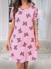 Butterfly Print Nightdress for Women Short Sleeve Crew Neck Summer Sleepwear