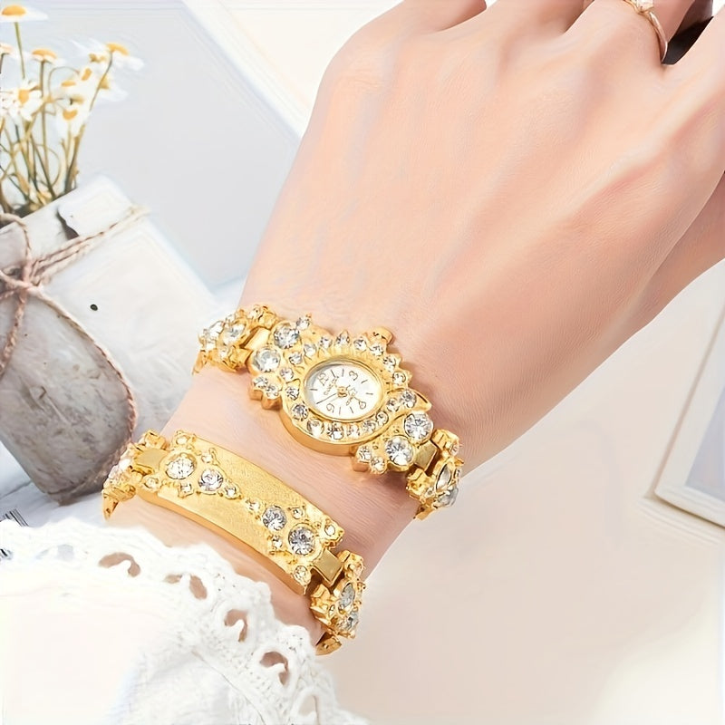 Women's Gold Rhinestone Quartz Watch with Oval Zinc Alloy Case and Analog Display