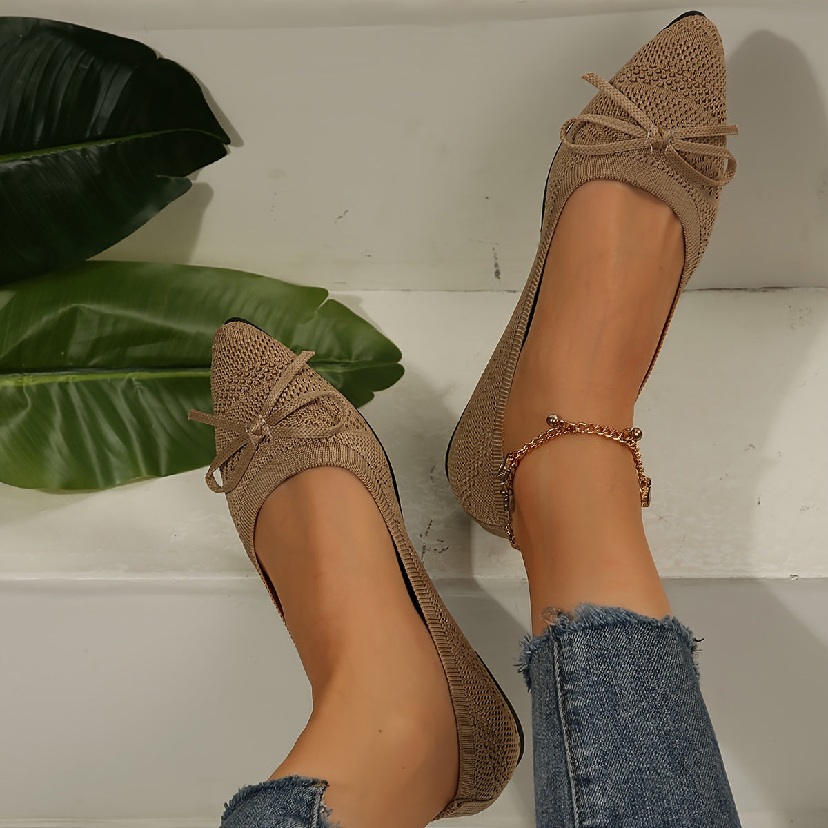 Women's Ballet Flats Bowknot Breathable Fabric Slip-On Shoes