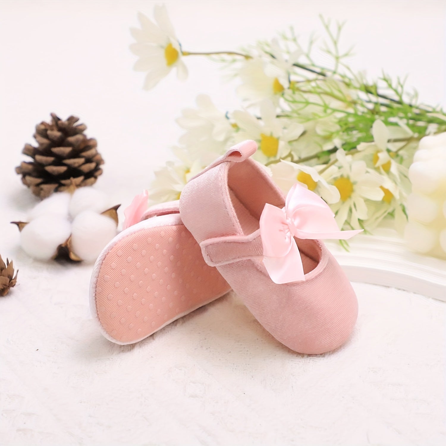 Baby Girl Walking Shoes Non-Slip Mary Jane Bowknot Fabric Comfortable Flexible Sole Pink Gray White