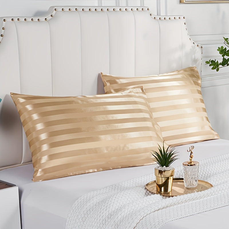 Set of 2 Satin Striped Pillow Covers 100% Polyester Soft Washable Home Decor