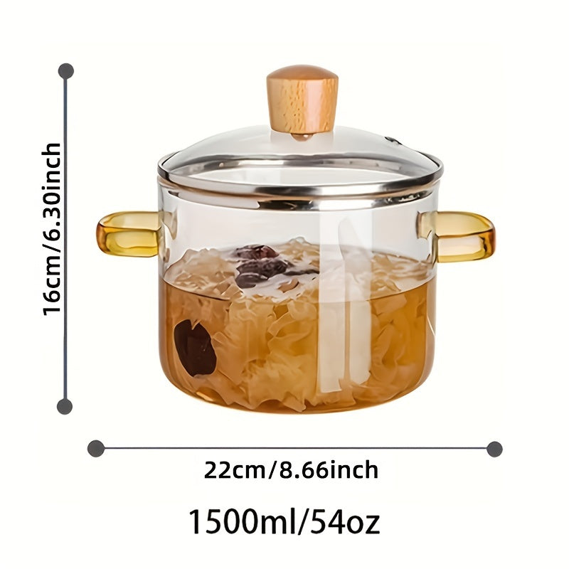 Borosilikat shisha plita qozoni 1.5L, qopqog' bilan, issiqlikka chidamli shaffof pishirish qozoni, sho'rva, sut, kastryul uchun