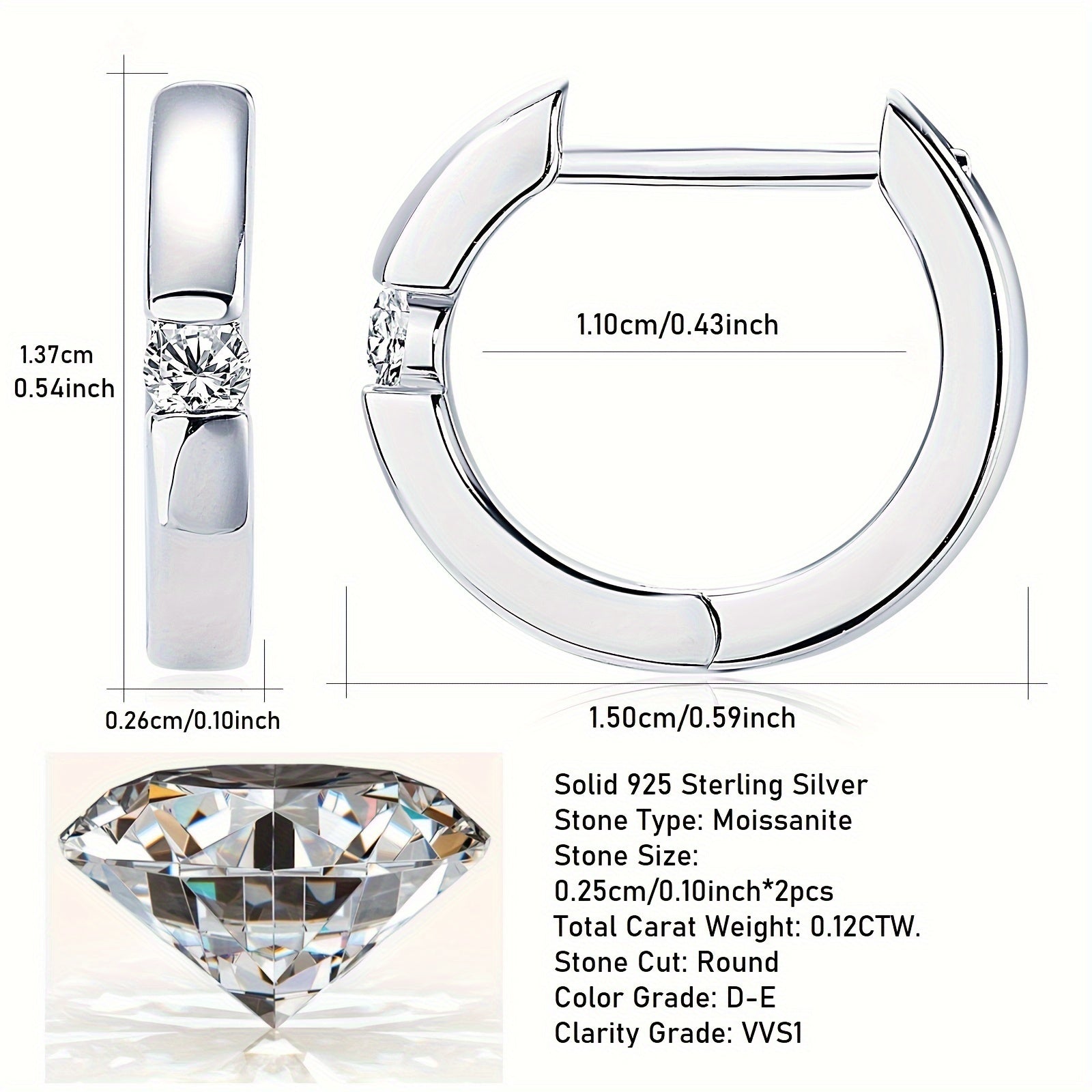 Sterling Silver Hoop Earrings with Moissanite 14K Gold Plated for Weddings and Gifts