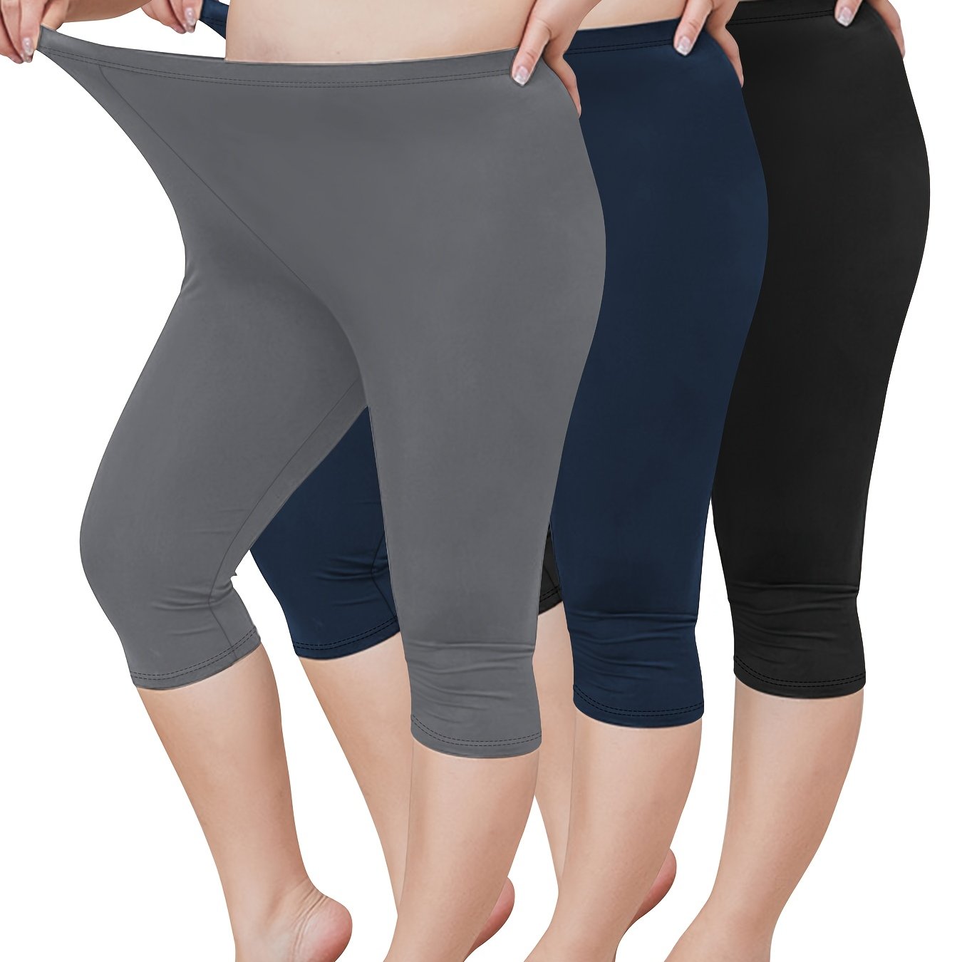 Plus Size Women's High-Waisted Capri Leggings 3 Pack Black Lightweight Soft