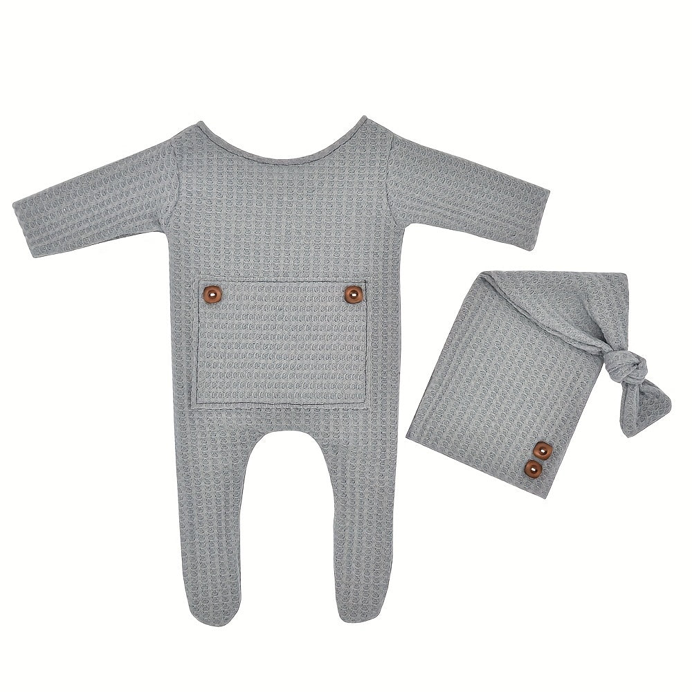 Newborn Baby Boy Clothes Set Long Sleeve Knitted Romper Beanie Photography Props