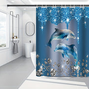 Blue 4-Piece Diamond Dolphin Bathroom Set Includes Shower Curtain Rug Toilet Mat
