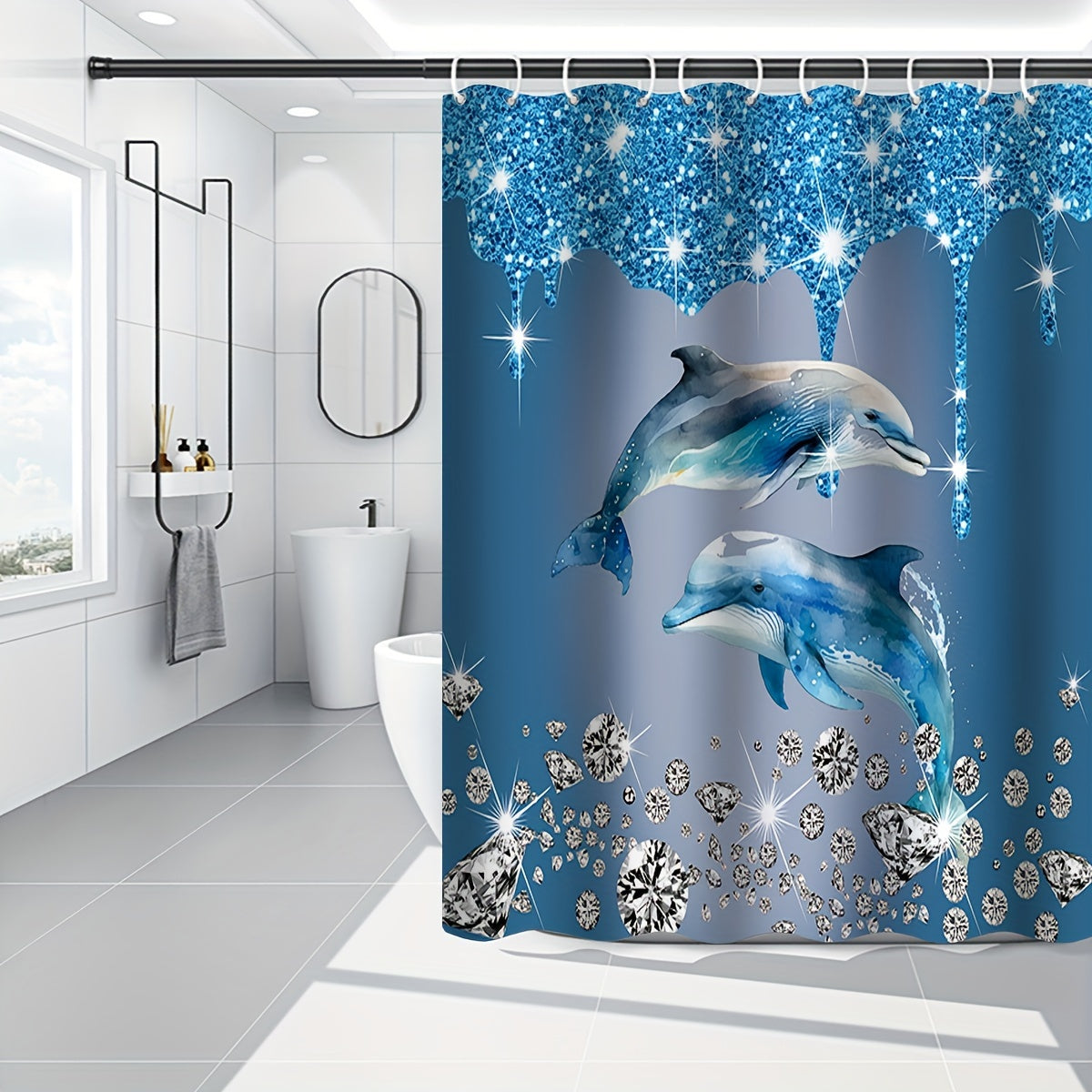 Blue 4-Piece Diamond Dolphin Bathroom Set Includes Shower Curtain Rug Toilet Mat