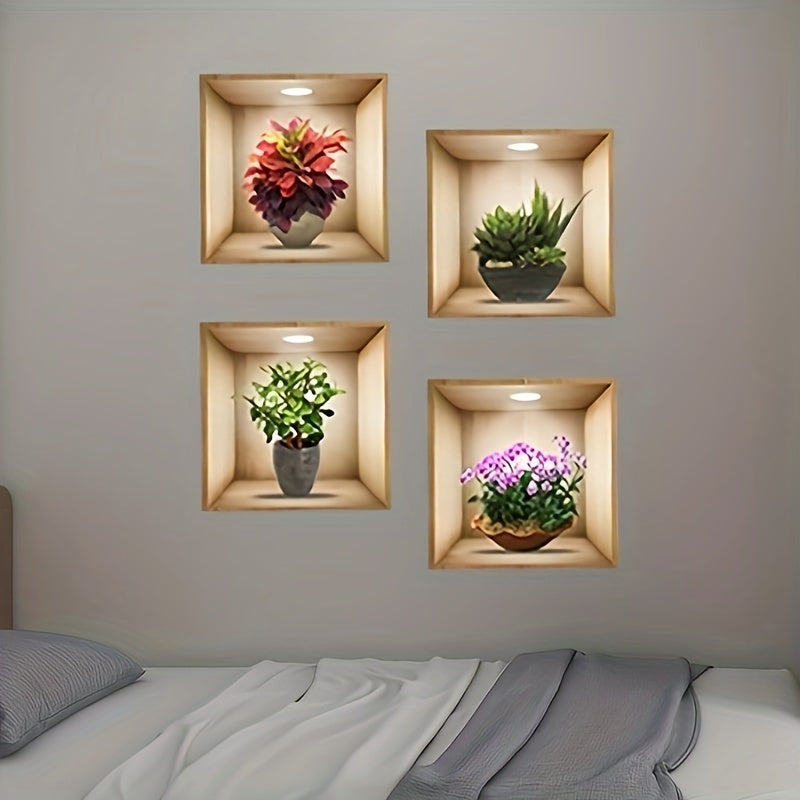 Green Plant 3D Wall Stickers for Home Decor Self-Adhesive Removable Set of 4