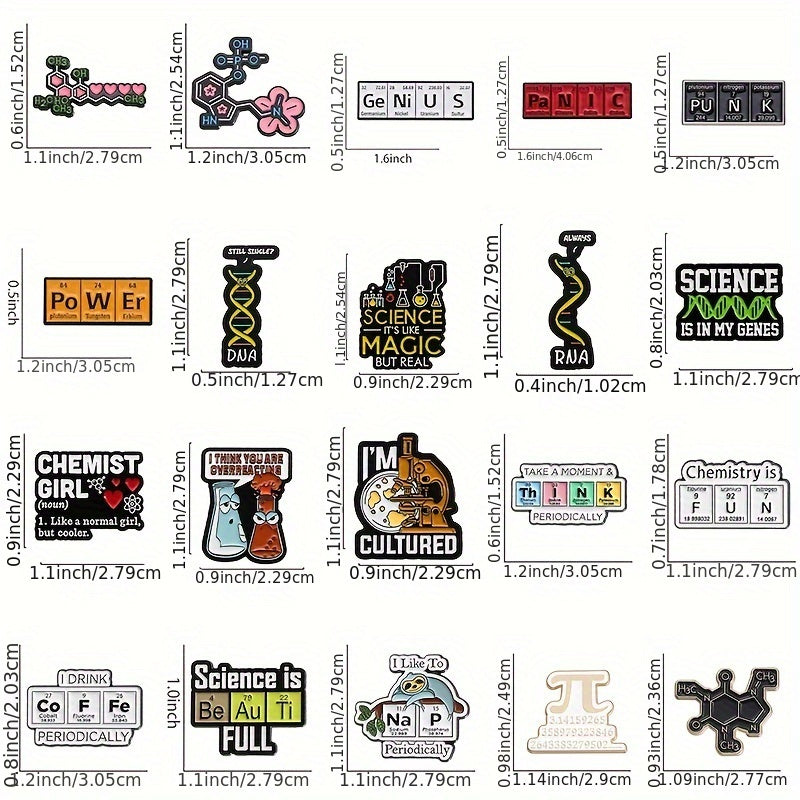 Set of 20 Science Enamel Pins Beakers Gene Chains Elements Lab Brooches for Hats Backpacks