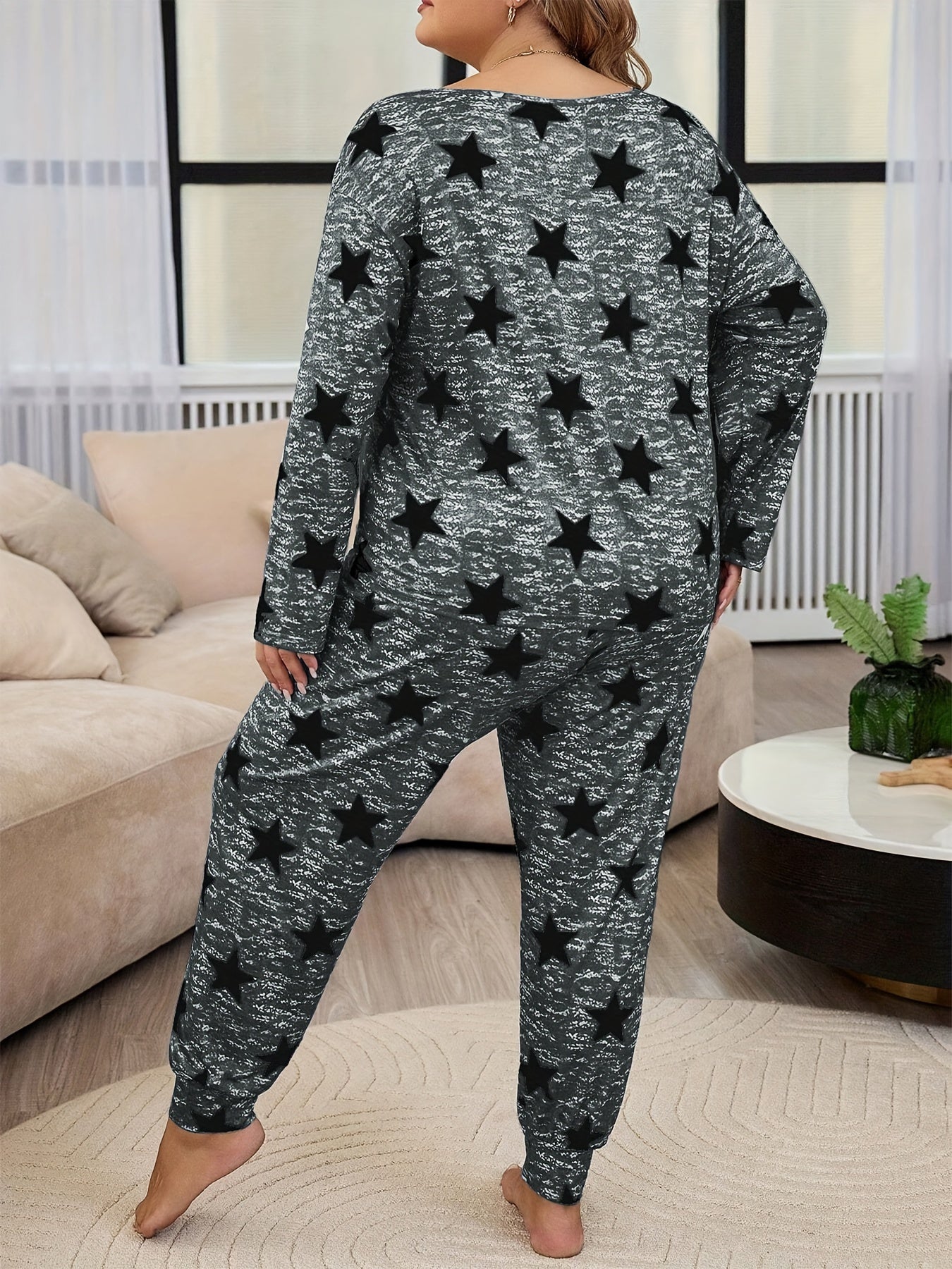 Plus Size Ladies Sleepwear Set Tie-Dye Star Print Lounge Pajamas