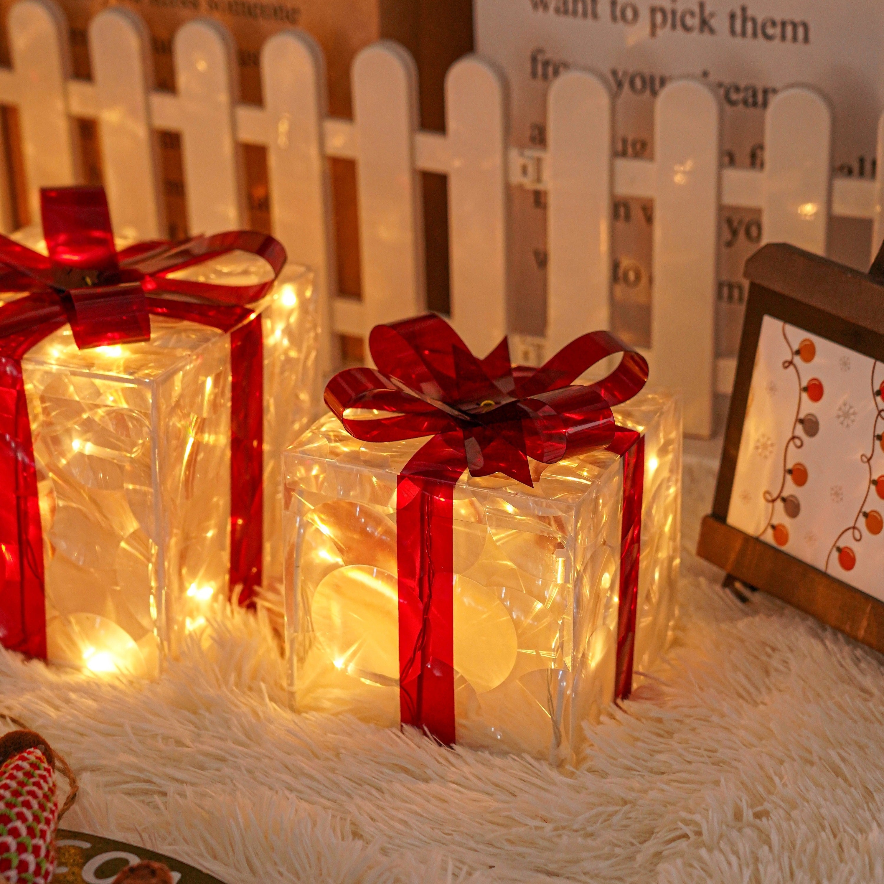 Set of 3 Christmas Lighted Gift Boxes with Warm White Lights and Red Bows for Outdoor Decorations