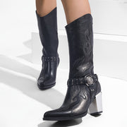 Women's High-Top Leather Knight Boots Over-the-Knee Buckle Irregular Silver