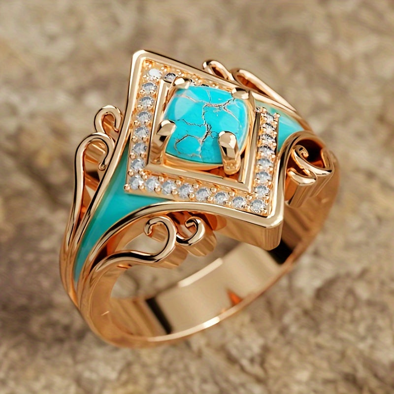 Vintage Bohemian Rose Gold Ring with Synthetic Turquoise and Imitation Zirconia for Women