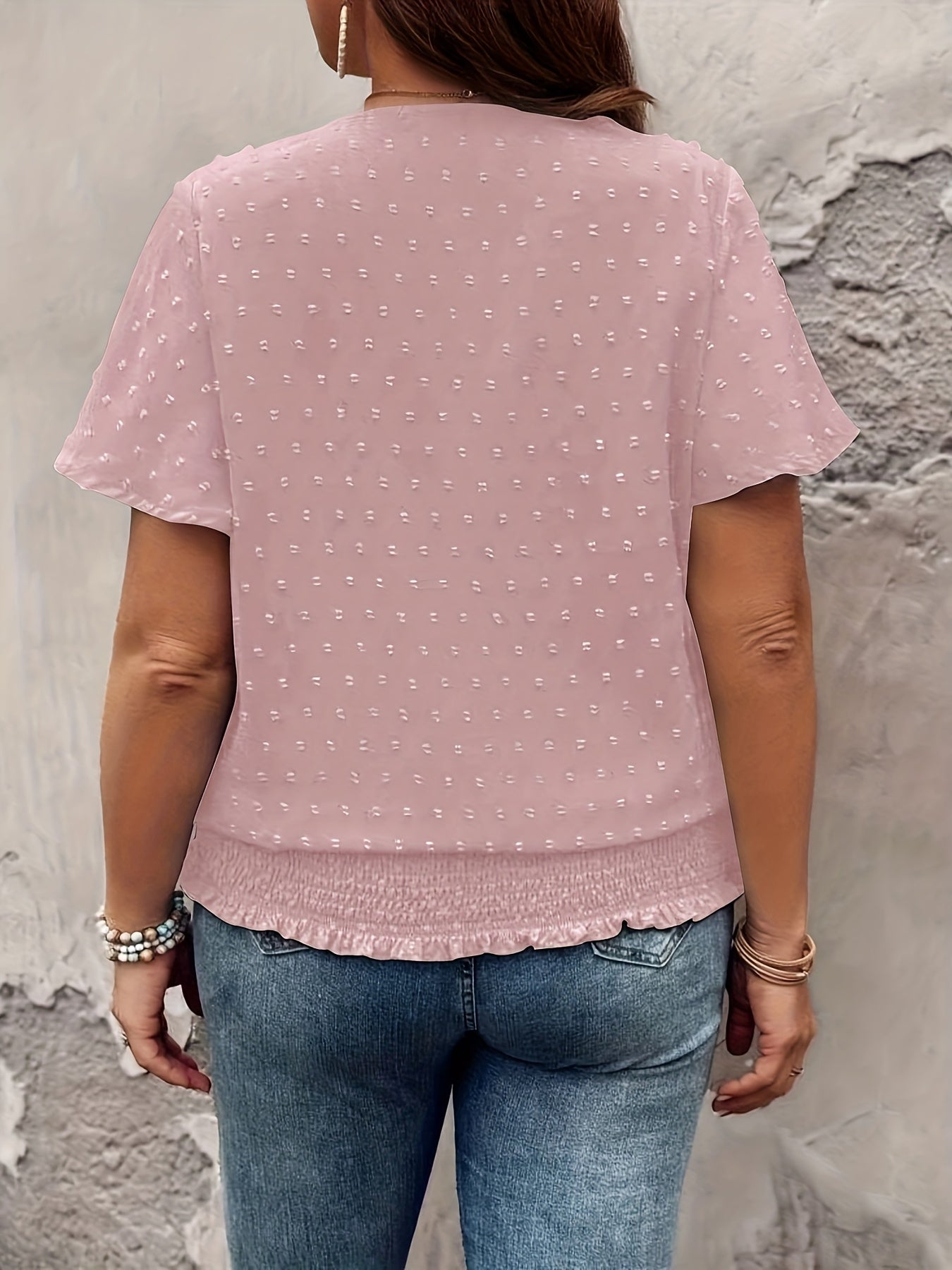 Plus Size Women's Smocked Blouse Black Short Sleeve Casual Formal Top