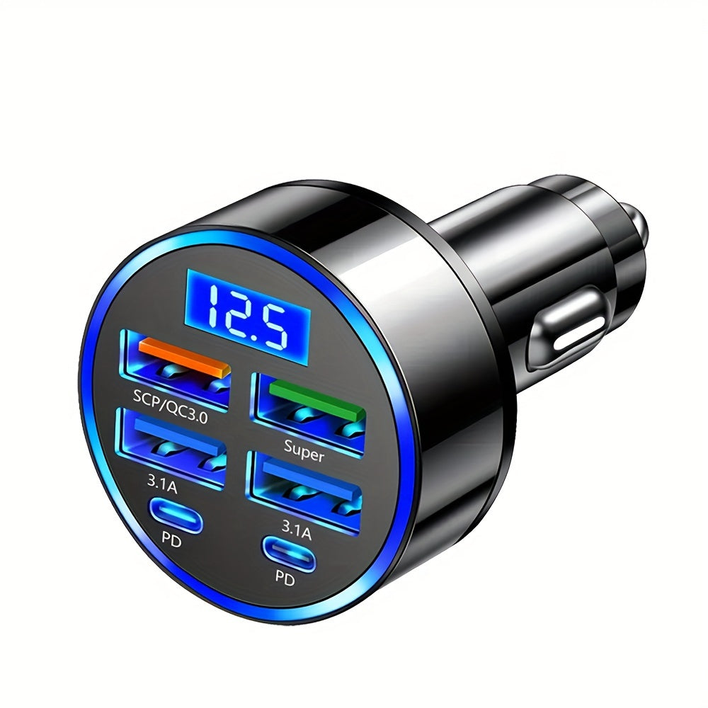 6-in-1 Car Charger with Display Fast USB 3.0/3.1A Dual PD Universal Compatibility