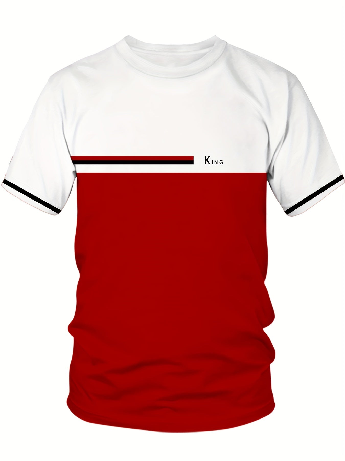 Erkaklar uchun "KING" Rangli Blokli Chiziqli Grafik T-Shirt - Yozgi Faoliyatlar uchun Polyester Aralashmasi Crewneck Qisqa Yengli T-Shirt. Mashinada yuvish mumkin, yozgi tasodifiy kiyim uchun ideal. Cho'ziluvchan mato, katta o'lcham.