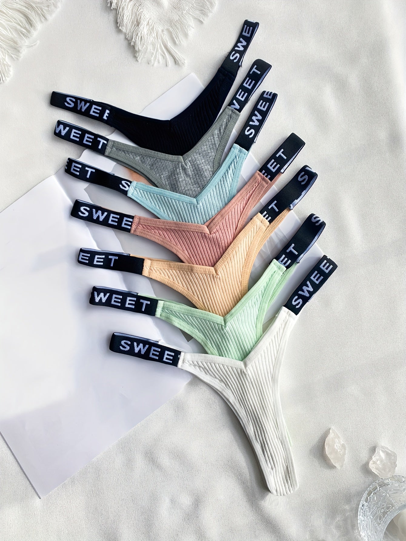 Conjunto de lencería para mujer de 7 piezas con tangas y V-Strings, color sólido, de alta sujeción