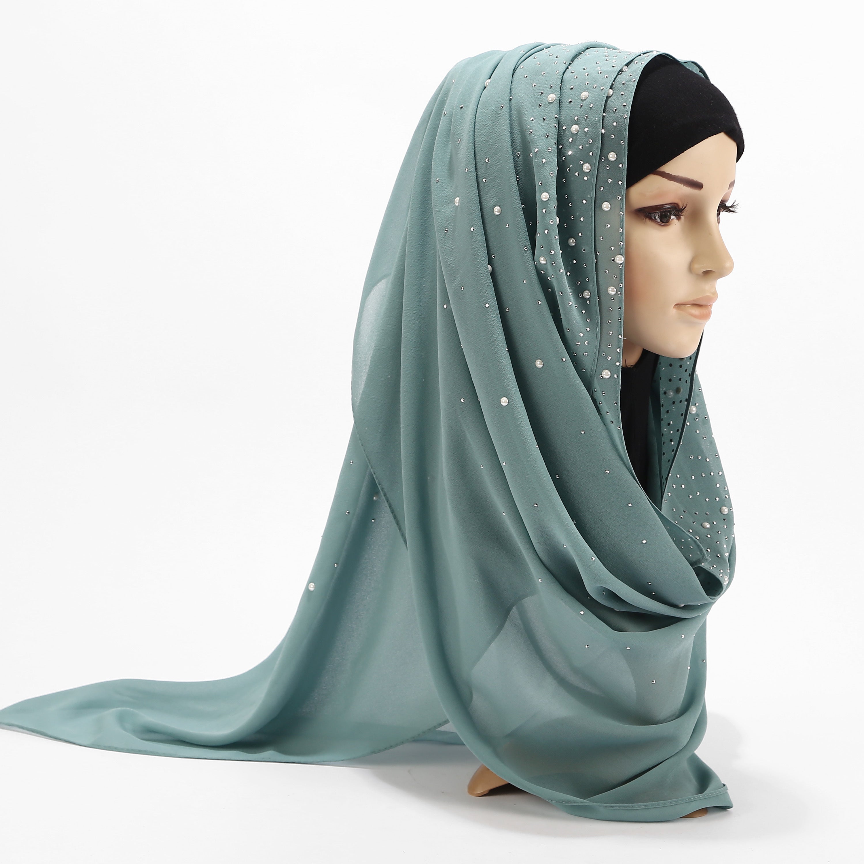 Chiffon Scarf with Rhinestone Detail Solid Color Hijab Turban Head Wrap for Full Cover