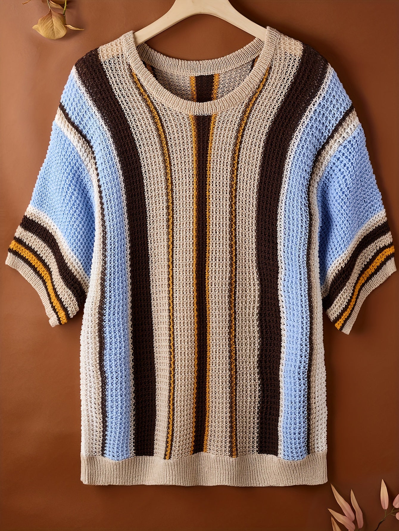 Men's Casual Knit Pullover Sweater Short Sleeve Crew Neck Micro-Elastic Ribbed Stripe Beach Vacation Style