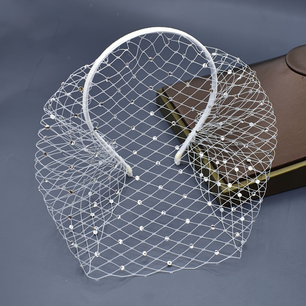 Bridal Fascinator with Birdcage Veil and Black Face Net Mask on White Headband for Women