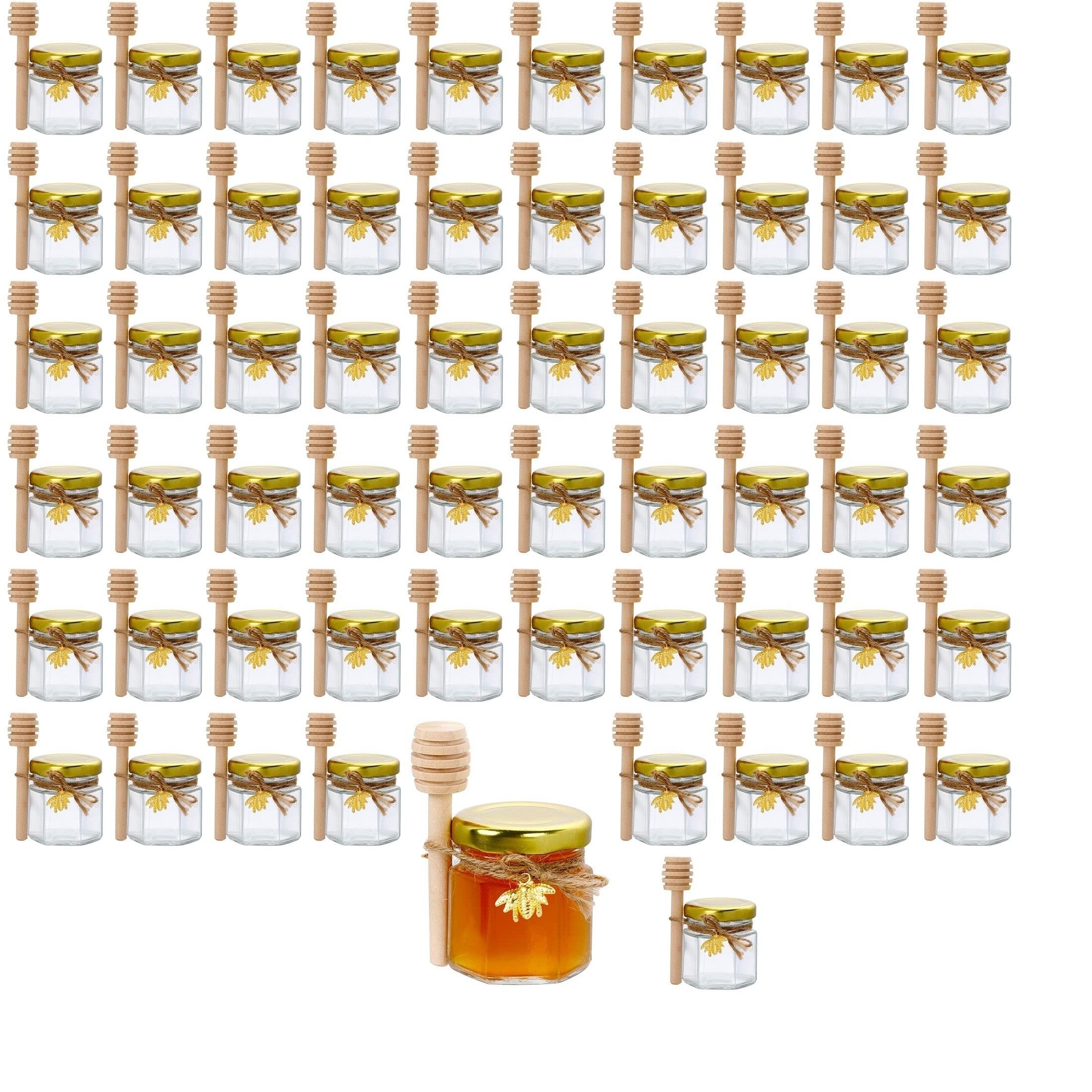 Hexagonal Glass Jar with Gold Lid and Wooden Bucket for Food Storage and Events