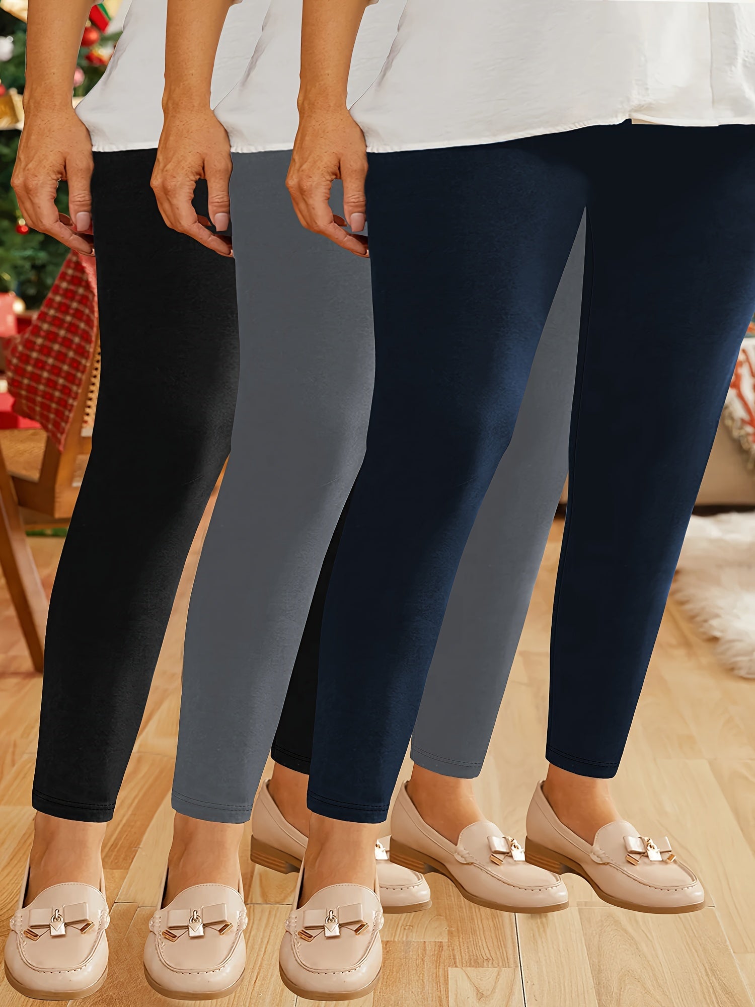 Plus Size Cropped Leggings Women High Stretch Polyester Solid Breathable 3-Pack