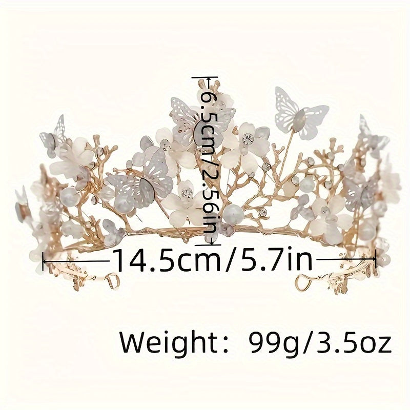 Set of 3 Bridal Jewelry Pieces Rhinestone Butterfly Tiara Faux Pearl Floral Headband Necklace Earrings