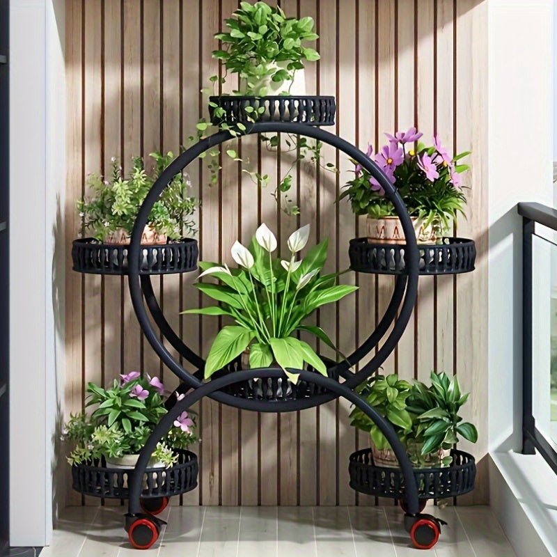 European-Style Metal Hanging Plant Stand with Wheels Multi-Level Indoor Outdoor Circular Design