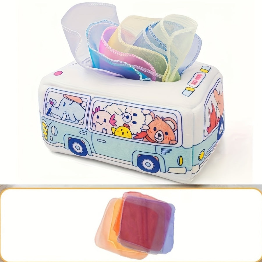 Мягкая тканевая коробка для детских салфеток-игрушка, издающая шуршащий звук - идеально подходит для сенсорной игры для младенцев в возрасте от 0 до 3 лет. Эта игрушка изготовлена в материковом Китае и имеет многоцветный дизайн автомобиля.