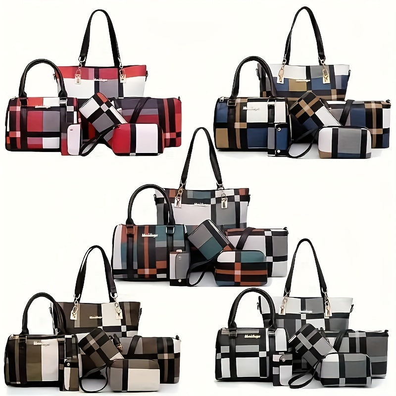 6-Piece Checkered Pattern Shoulder Bag Set with Handbag Crossbody Clutch Wallets Faux Leather