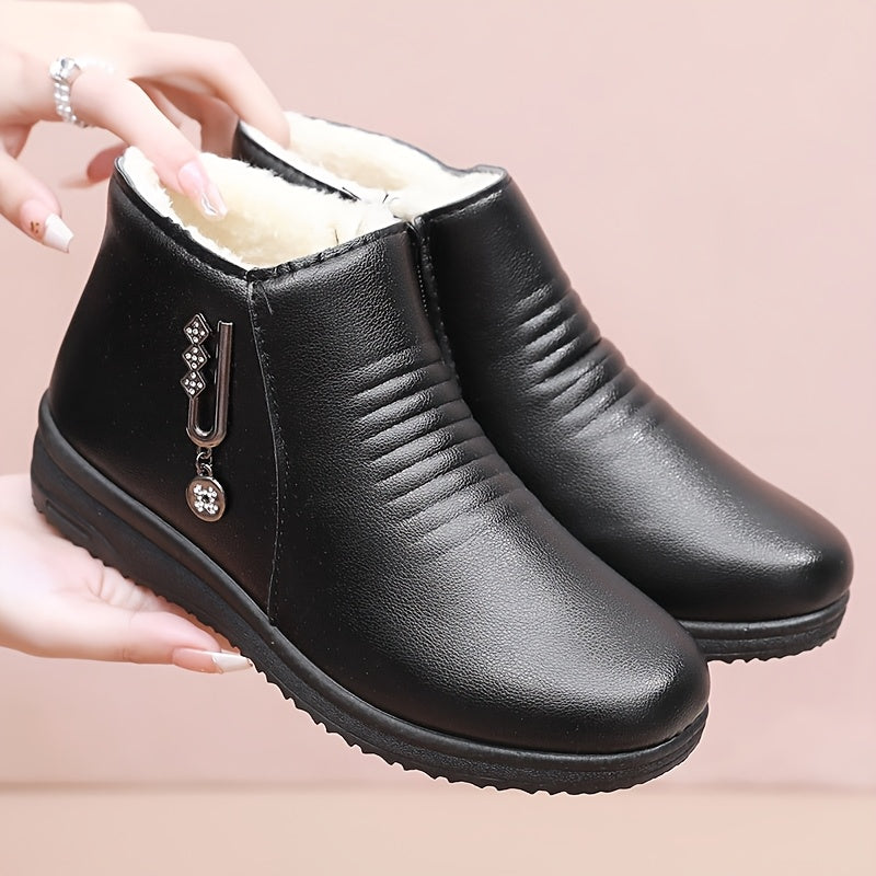 Women’s Winter Boots Slip-On Zipper Faux Leather Non-Slip Warm Shoes Black