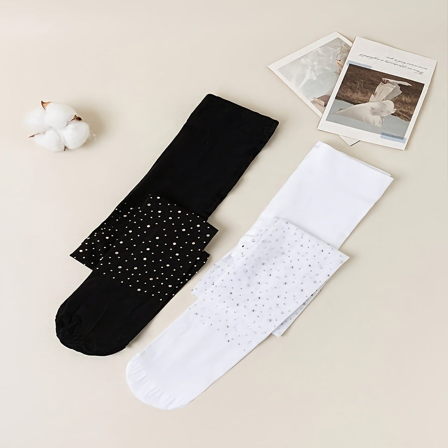 Baby Girls Tights Black and White Rhinestone-Studded Knit Polyester All-Season