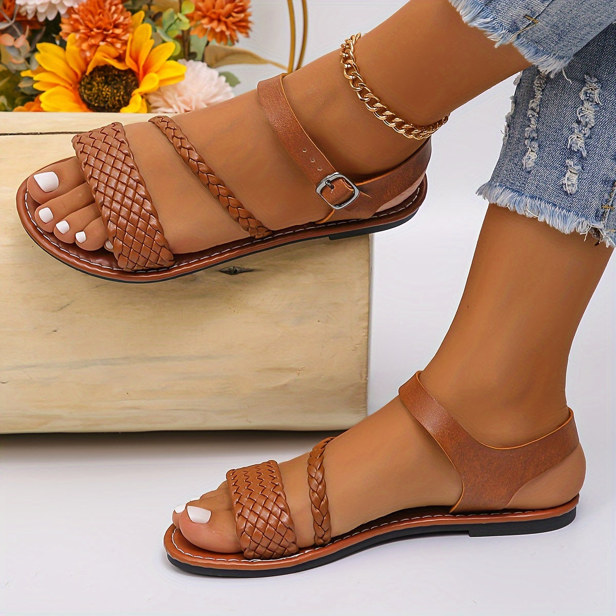 Women's Ankle Buckle Sandals with Braided Strap Synthetic Open Toe Summer Footwear