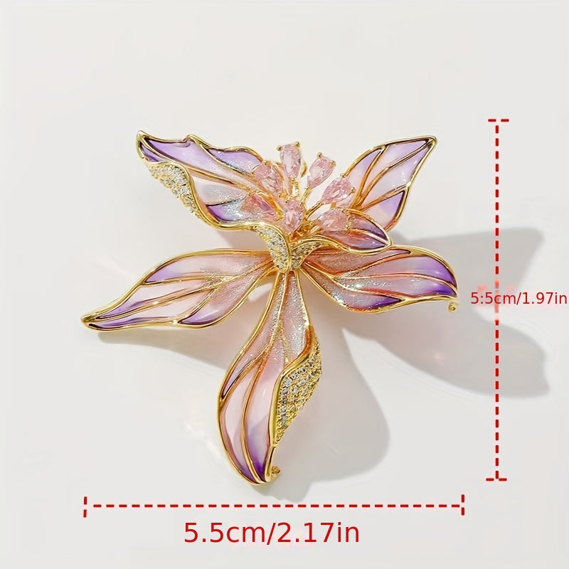 Vintage-Inspired Alloy Flower Brooch with Enamel Orchid and Zirconia for Dresses