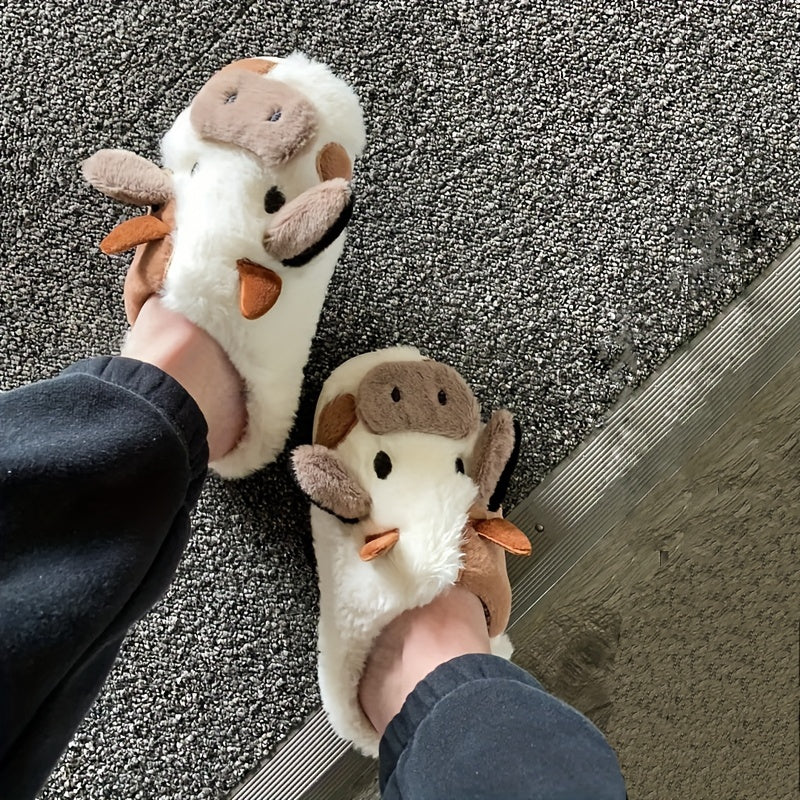Women's Plush Cow House Slippers Closed Toe Fuzzy Indoor Shoes