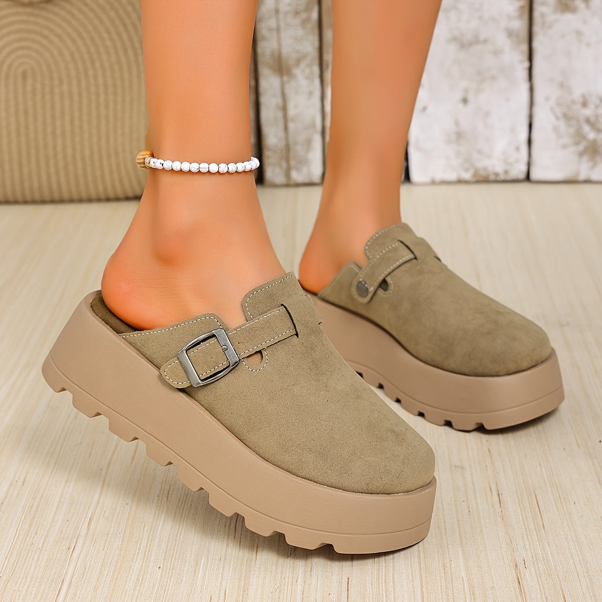 Women Beige Wedge Mules with Adjustable Buckle Slip-On Shoes
