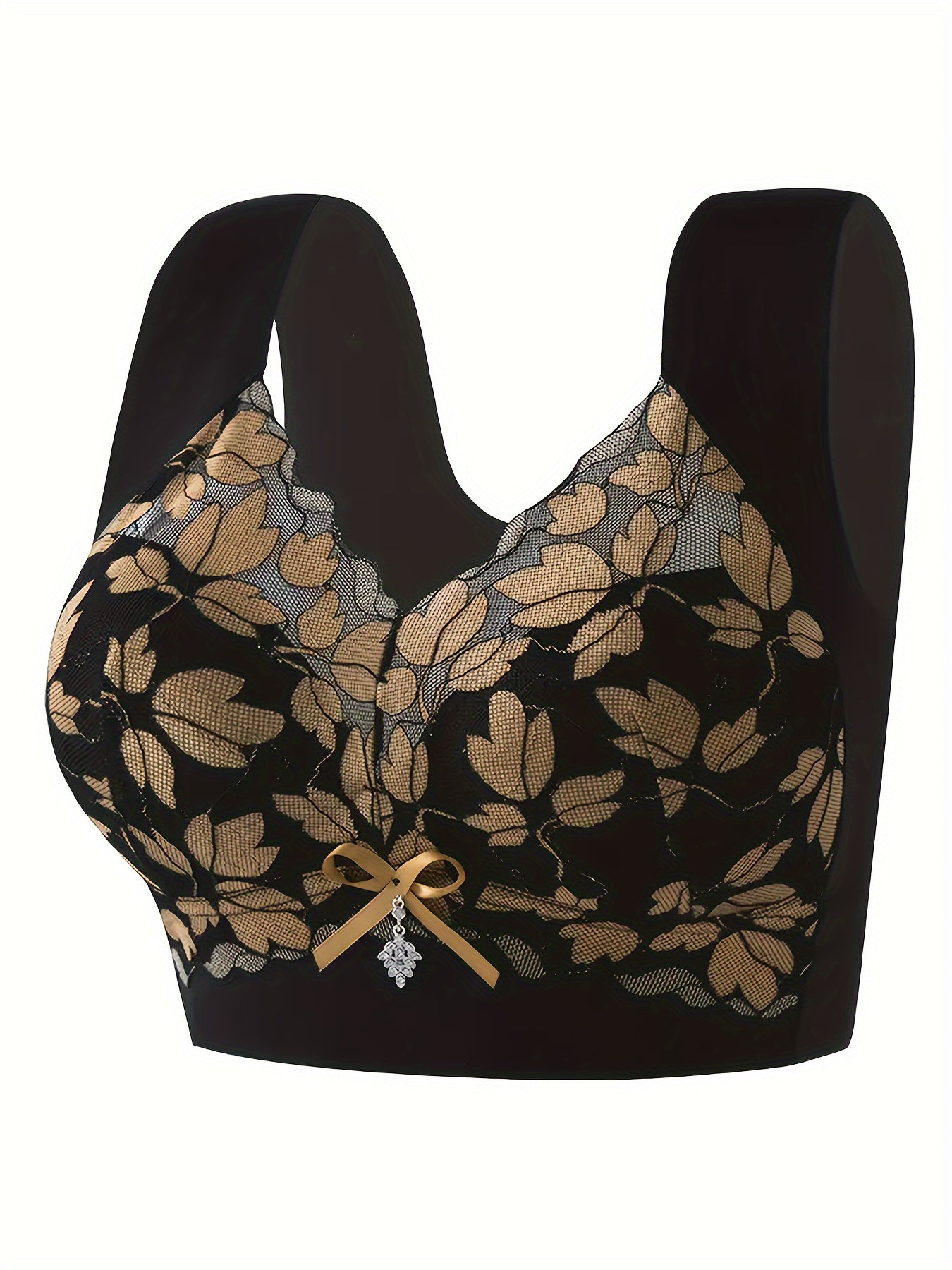 Lingerie Leaf Lace Bra with Bow Accents Wireless Push-Up Wide Strap