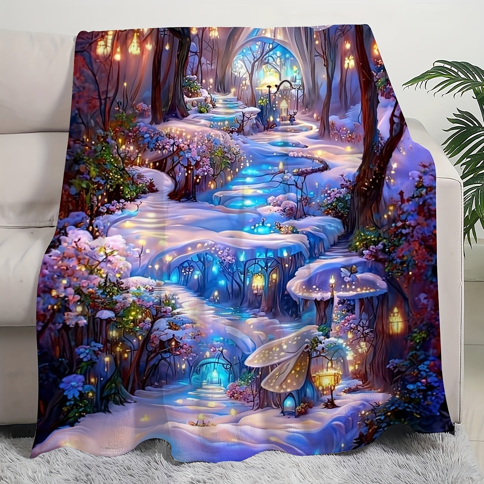 Enchanted Forest Snow Scene Flannel Throw Blanket Cozy Warm Soft for Camping Travel Office