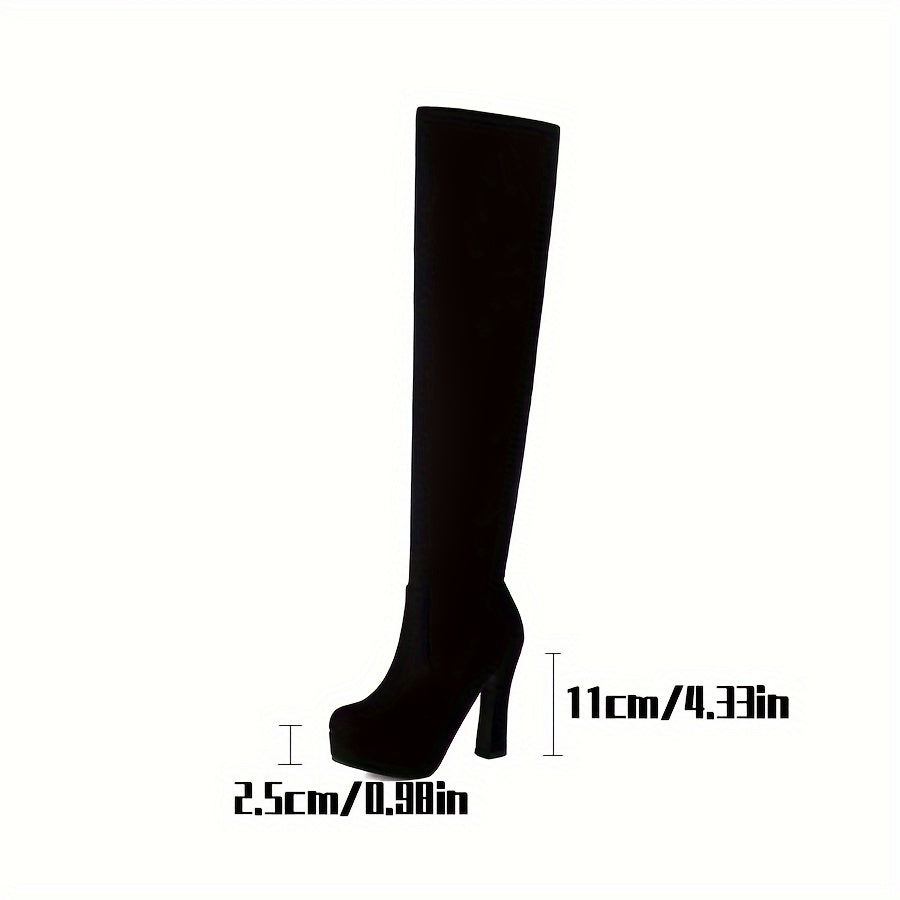 Women's Solid Color Block Heeled Over The Knee Boots Stylish Slip-On
