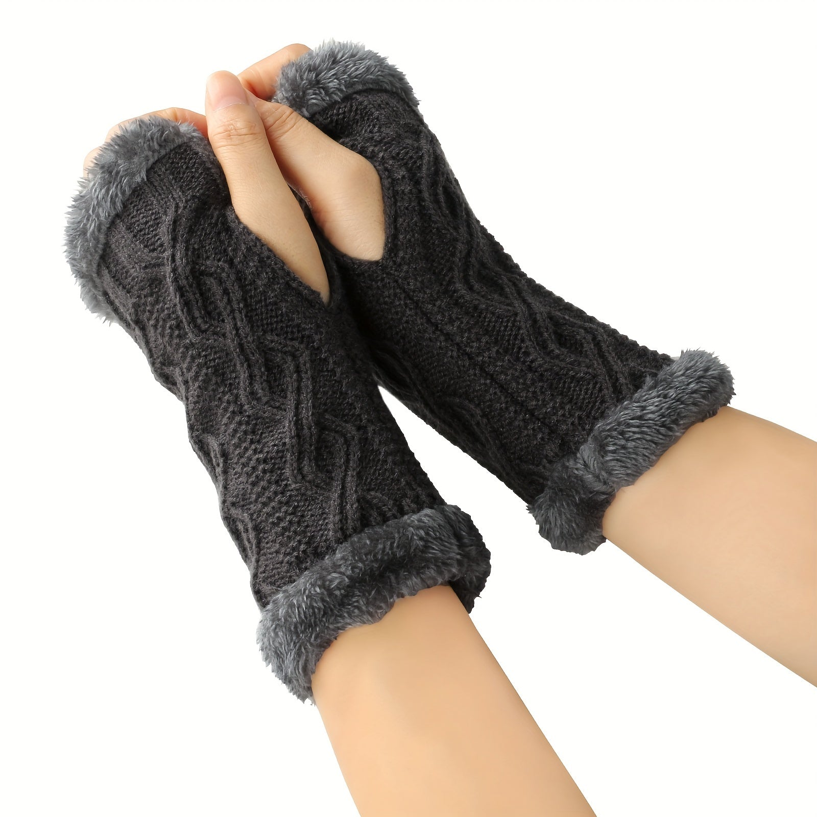 Solid Color Twist Knit Fingerless Gloves with Velvet Lining for Winter Warmth