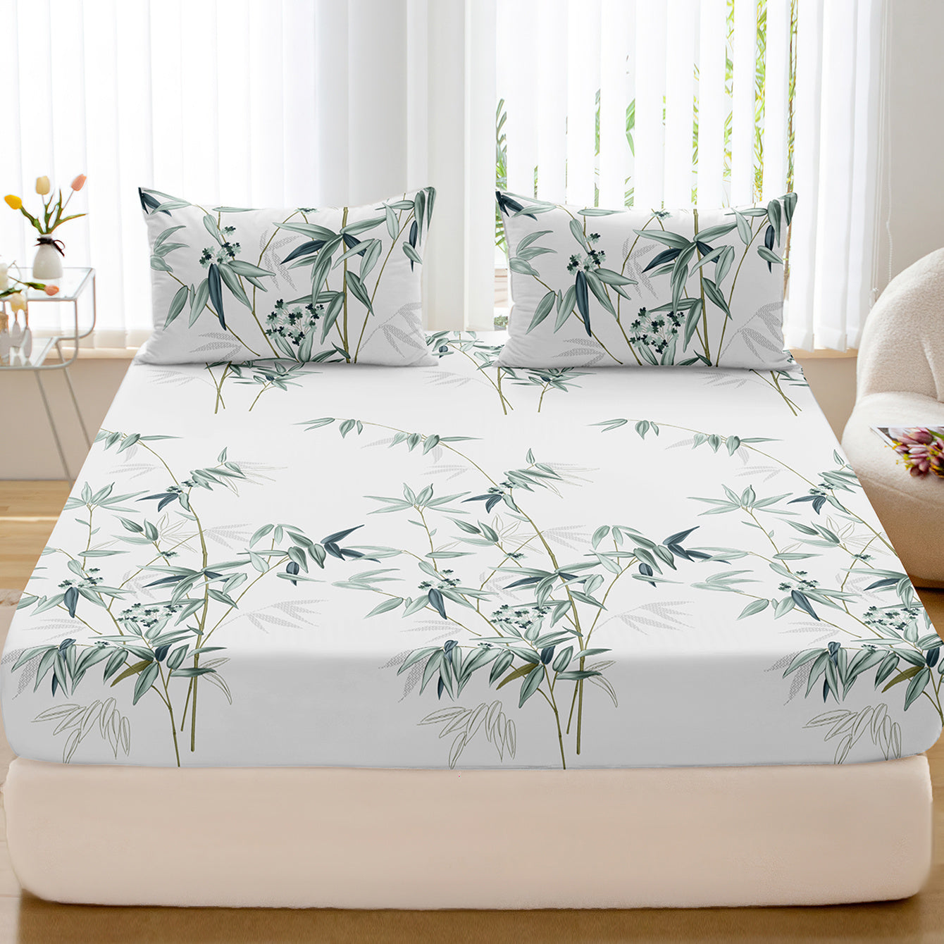 Set of 3 Plant Printed Fitted Sheets Bedding Set Breathable Soft for Bedroom and Guest Room