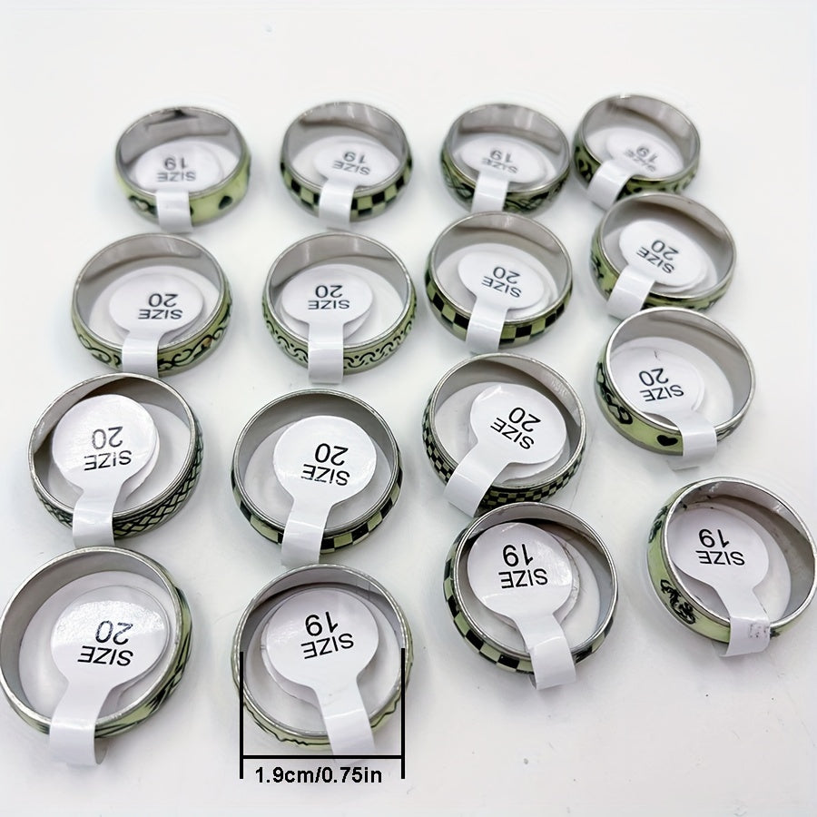 Glow-in-the-Dark Stainless Steel Rings Set of 10 or 20 for Punk and Hip Hop Style