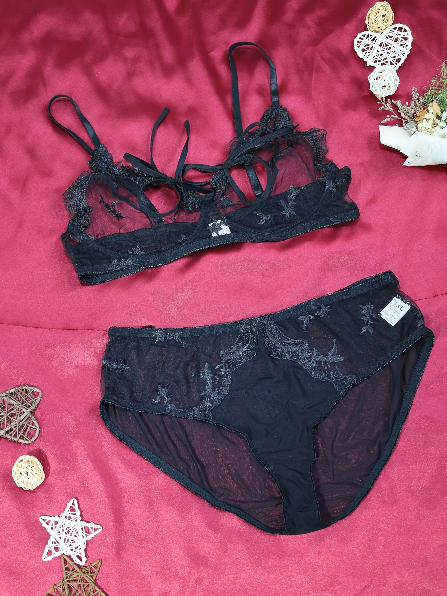 Women's Plus Size Sheer Mesh Lingerie Set with Tie Detail